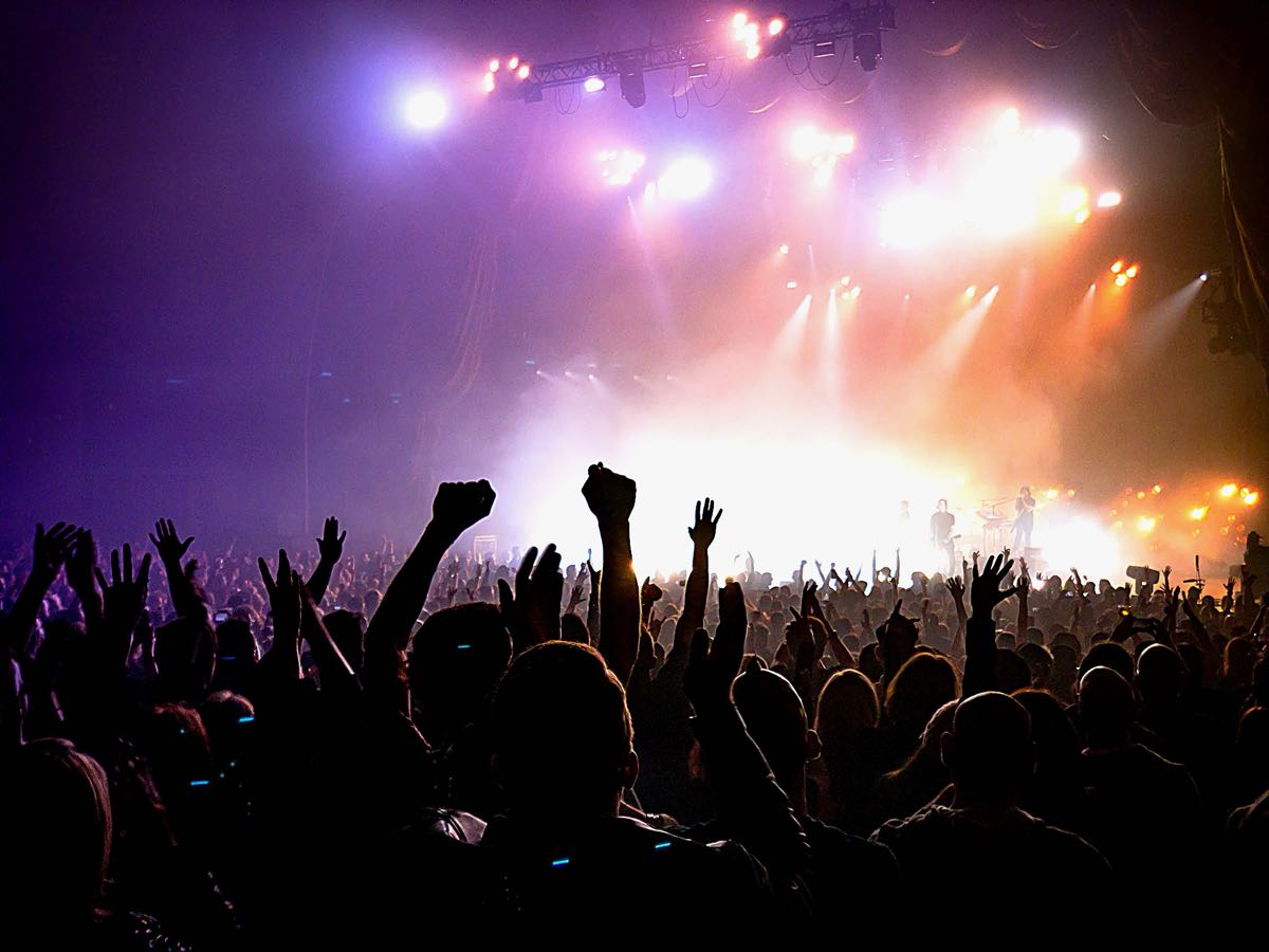 A festival crowd at night